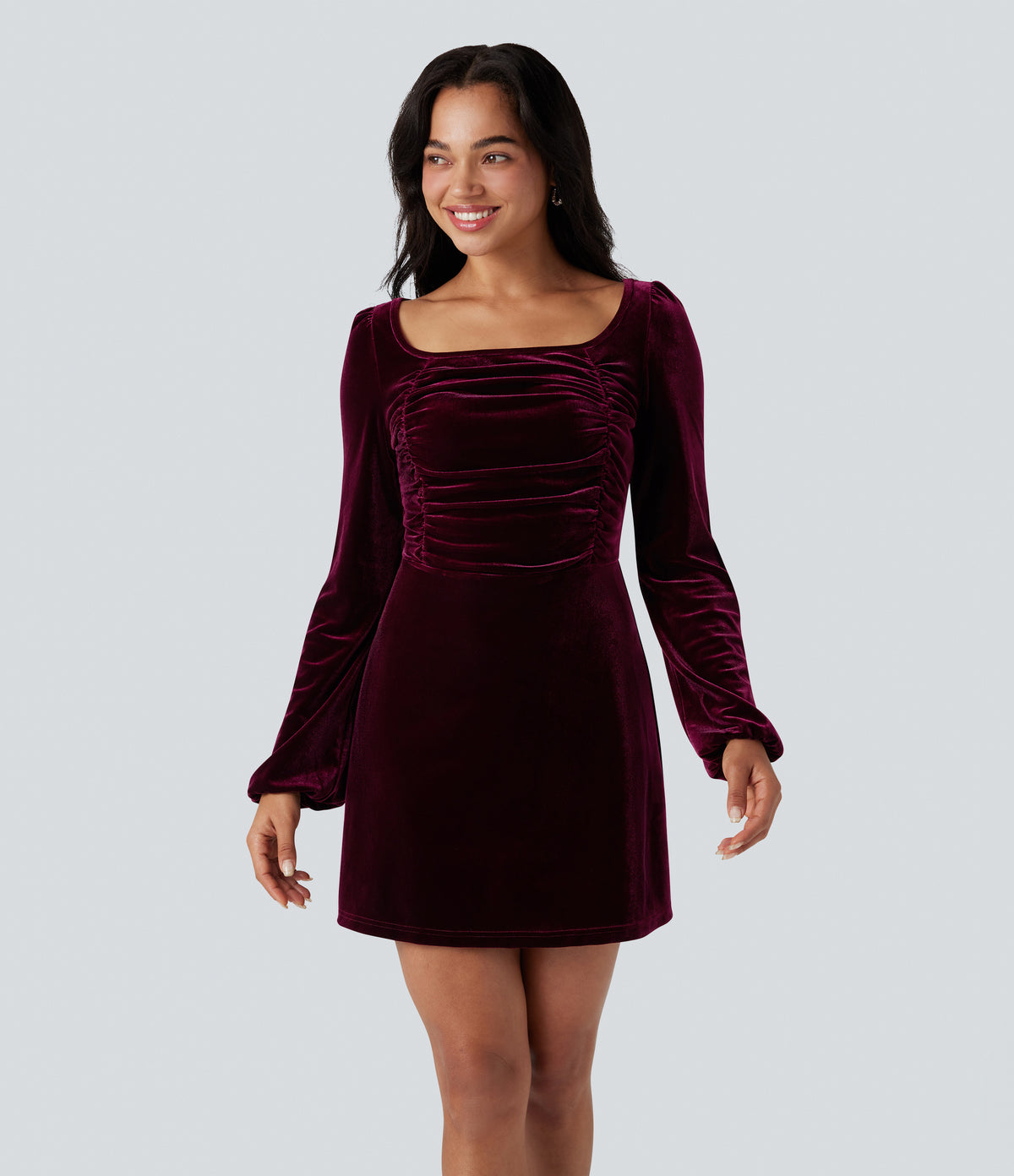 Square Neck Long Sleeve Ruched Velvet Mini Dress — Dusky purple — view 1