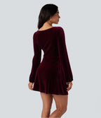 Square Neck Long Sleeve Ruched Velvet Mini Dress — Dusky purple — view 2