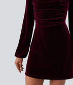 Square Neck Long Sleeve Ruched Velvet Mini Dress — Dusky purple — view 5