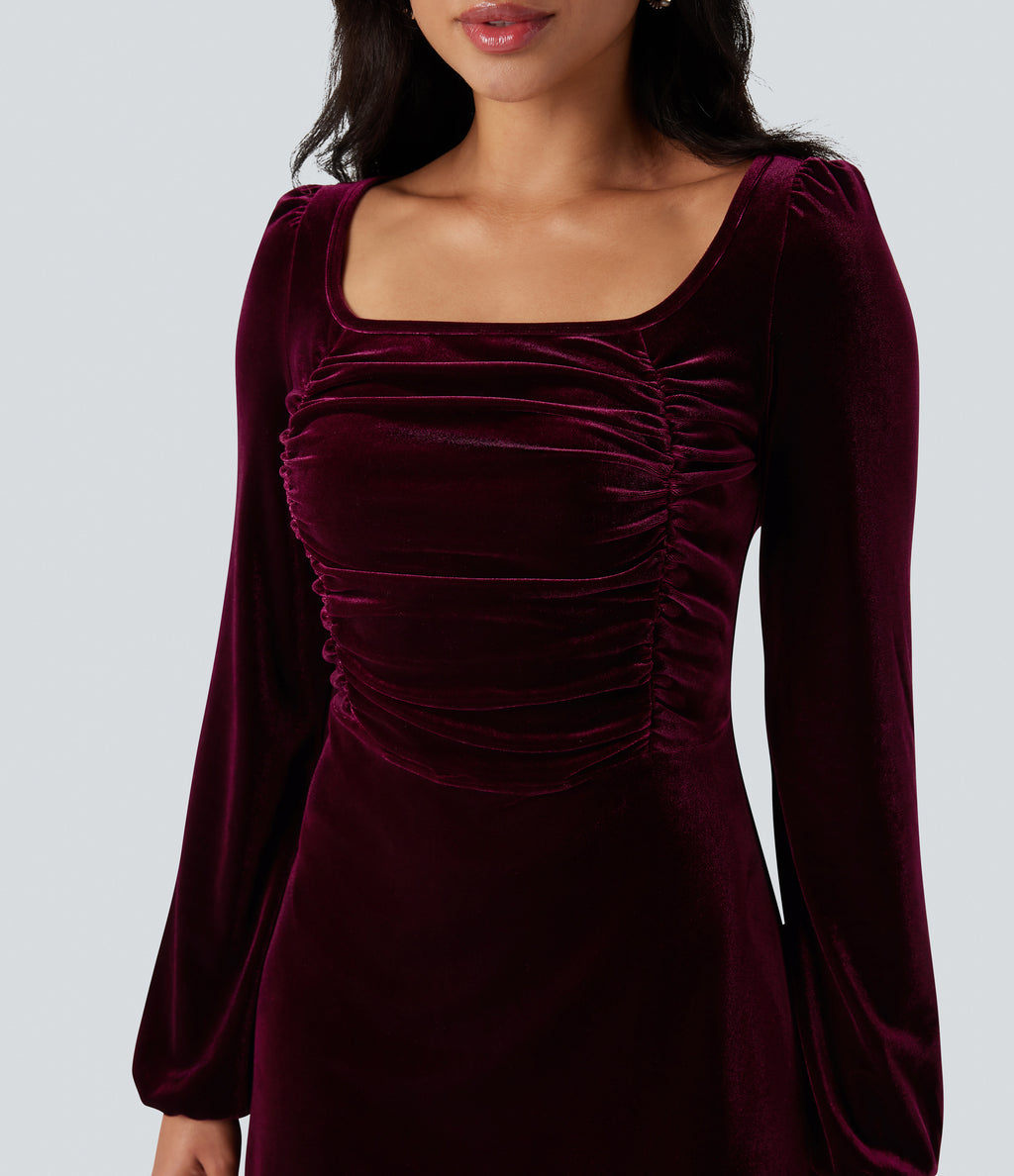 Square Neck Long Sleeve Ruched Velvet Mini Dress — Dusky purple — view 4