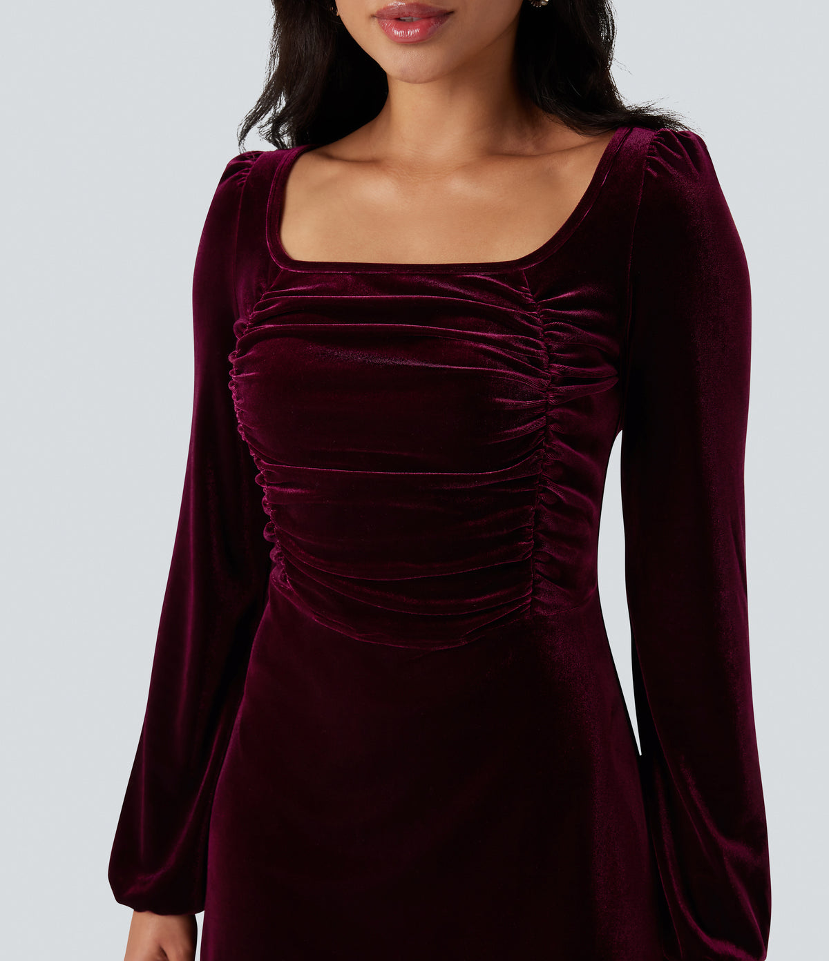 Square Neck Long Sleeve Ruched Velvet Mini Dress — Dusky purple — view 4