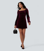 Square Neck Long Sleeve Ruched Velvet Mini Dress — Dusky purple — view 6