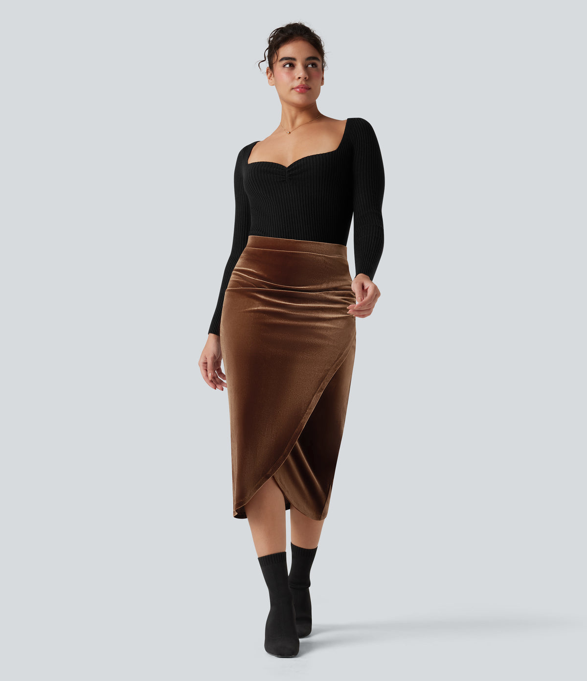 High Waisted Midi Velvet Casual Tulip Skirt — Potting Soil — view 5