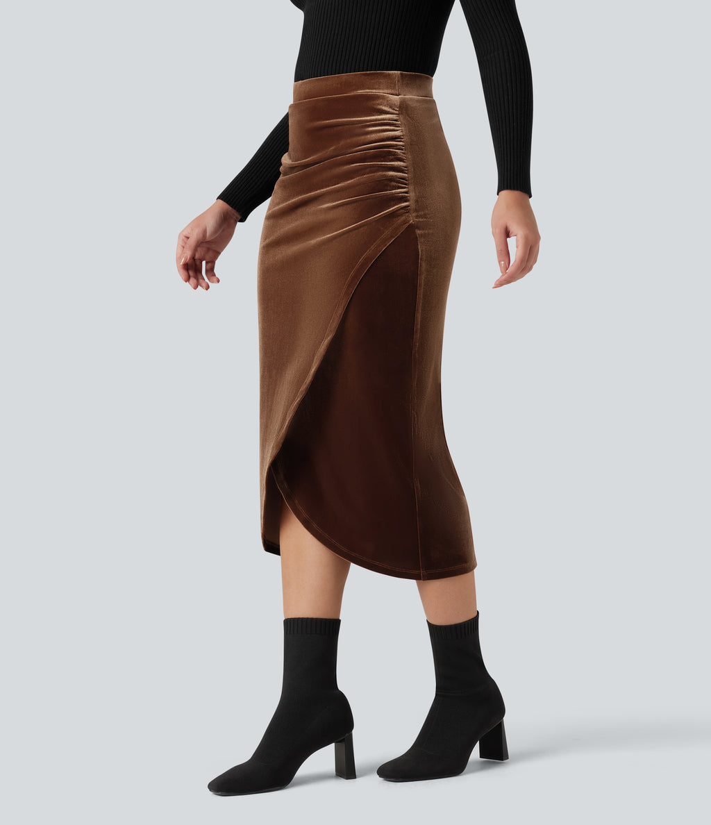 High Waisted Midi Velvet Casual Tulip Skirt — Potting Soil — view 3