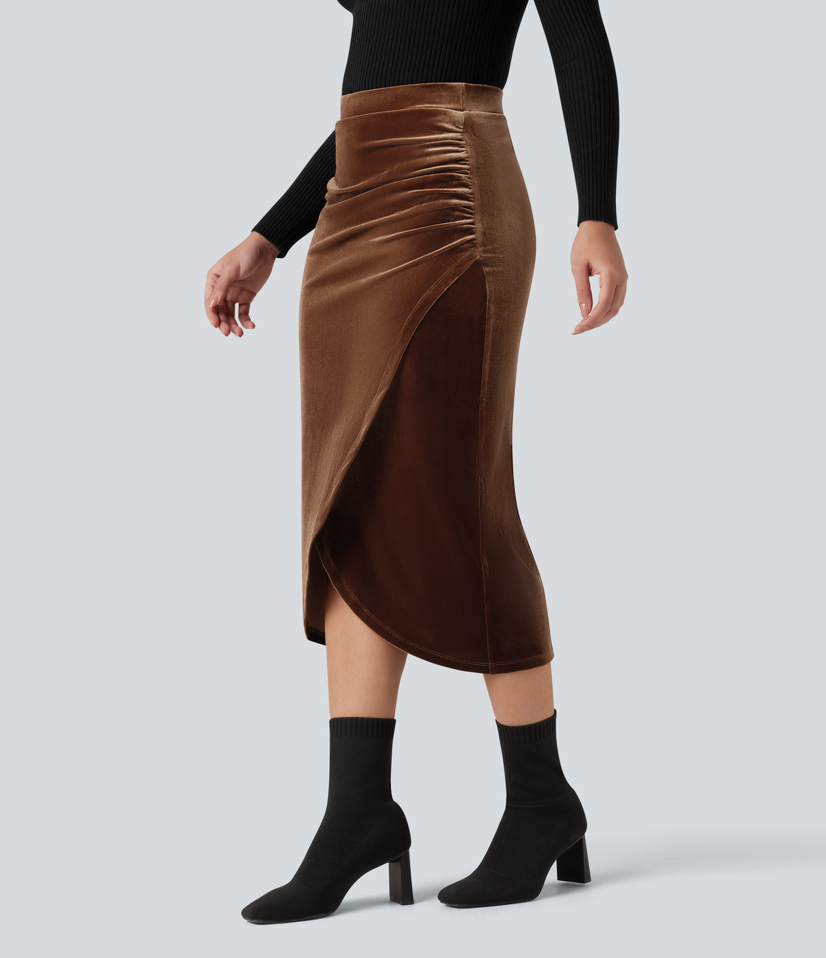 High Waisted Midi Velvet Casual Tulip Skirt — Potting Soil — view 3