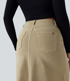 Mid Rise Split Midi Casual Colorful Denim Skirt with Pockets — Khaki Brown Denim — view 5