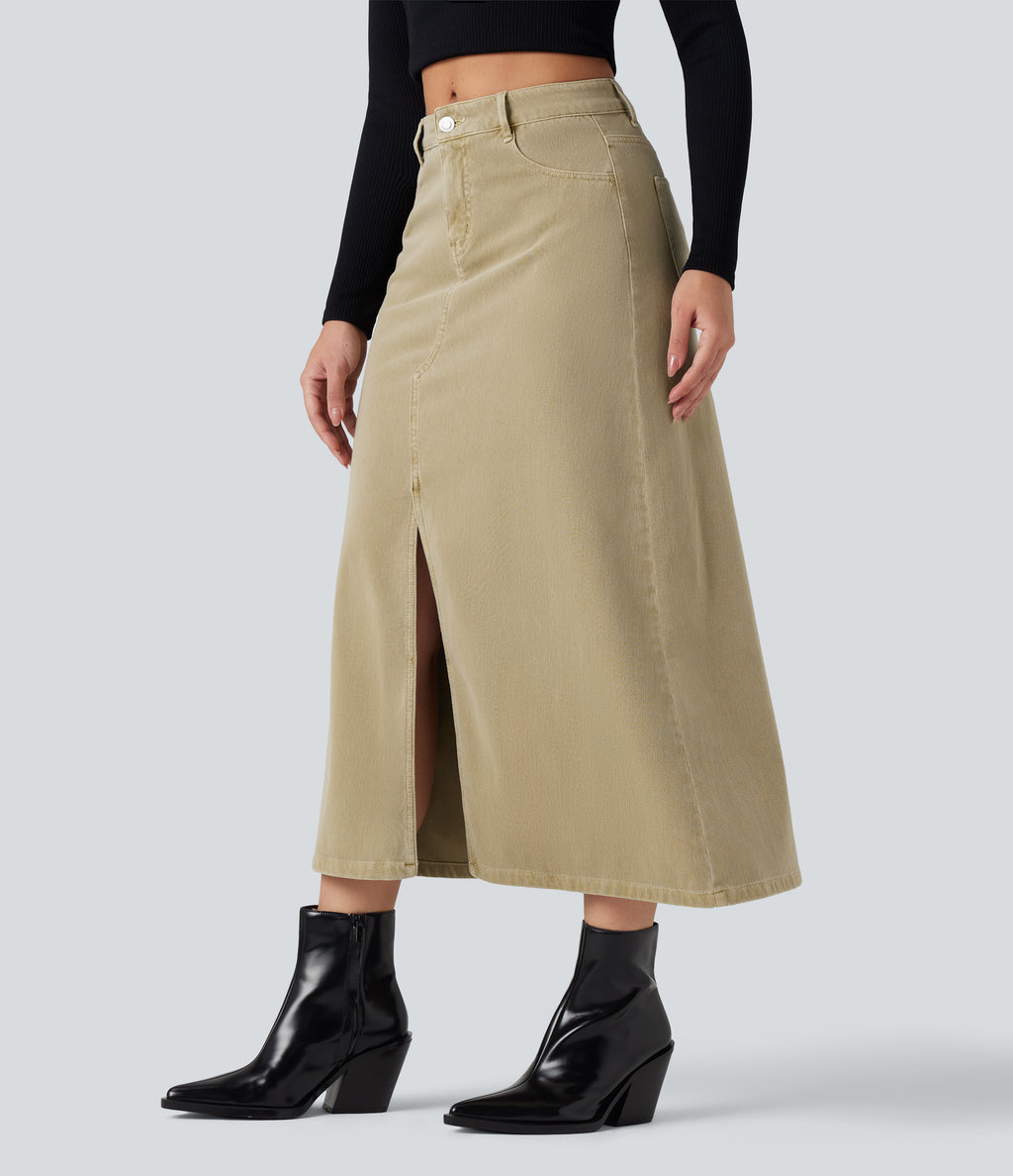 Mid Rise Split Midi Casual Colorful Denim Skirt with Pockets — Khaki Brown Denim — view 3