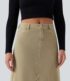 Mid Rise Split Midi Casual Colorful Denim Skirt with Pockets — Khaki Brown Denim — view 4