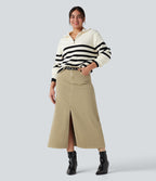 Mid Rise Split Midi Casual Colorful Denim Skirt with Pockets — Khaki Brown Denim — view 7