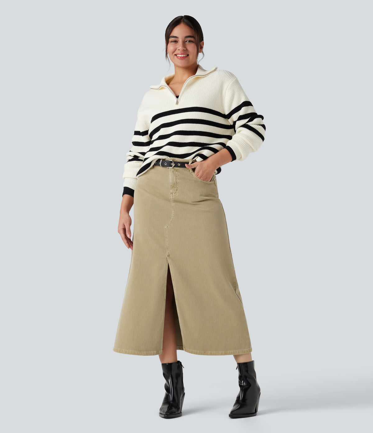 Mid Rise Split Midi Casual Colorful Denim Skirt with Pockets — Khaki Brown Denim — view 7