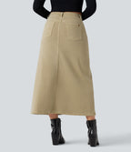 Mid Rise Split Midi Casual Colorful Denim Skirt with Pockets — Khaki Brown Denim — view 2