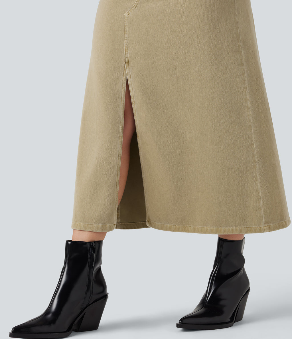 Mid Rise Split Midi Casual Colorful Denim Skirt with Pockets — Khaki Brown Denim — view 6