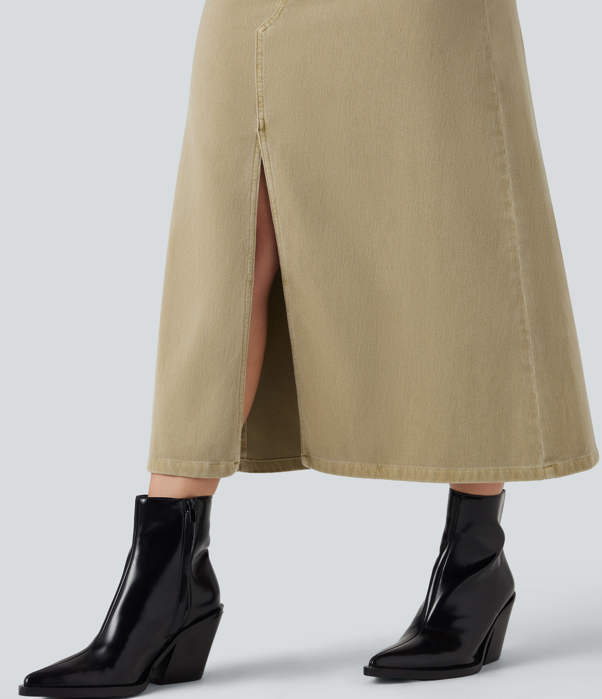 Mid Rise Split Midi Casual Colorful Denim Skirt with Pockets — Khaki Brown Denim — view 6