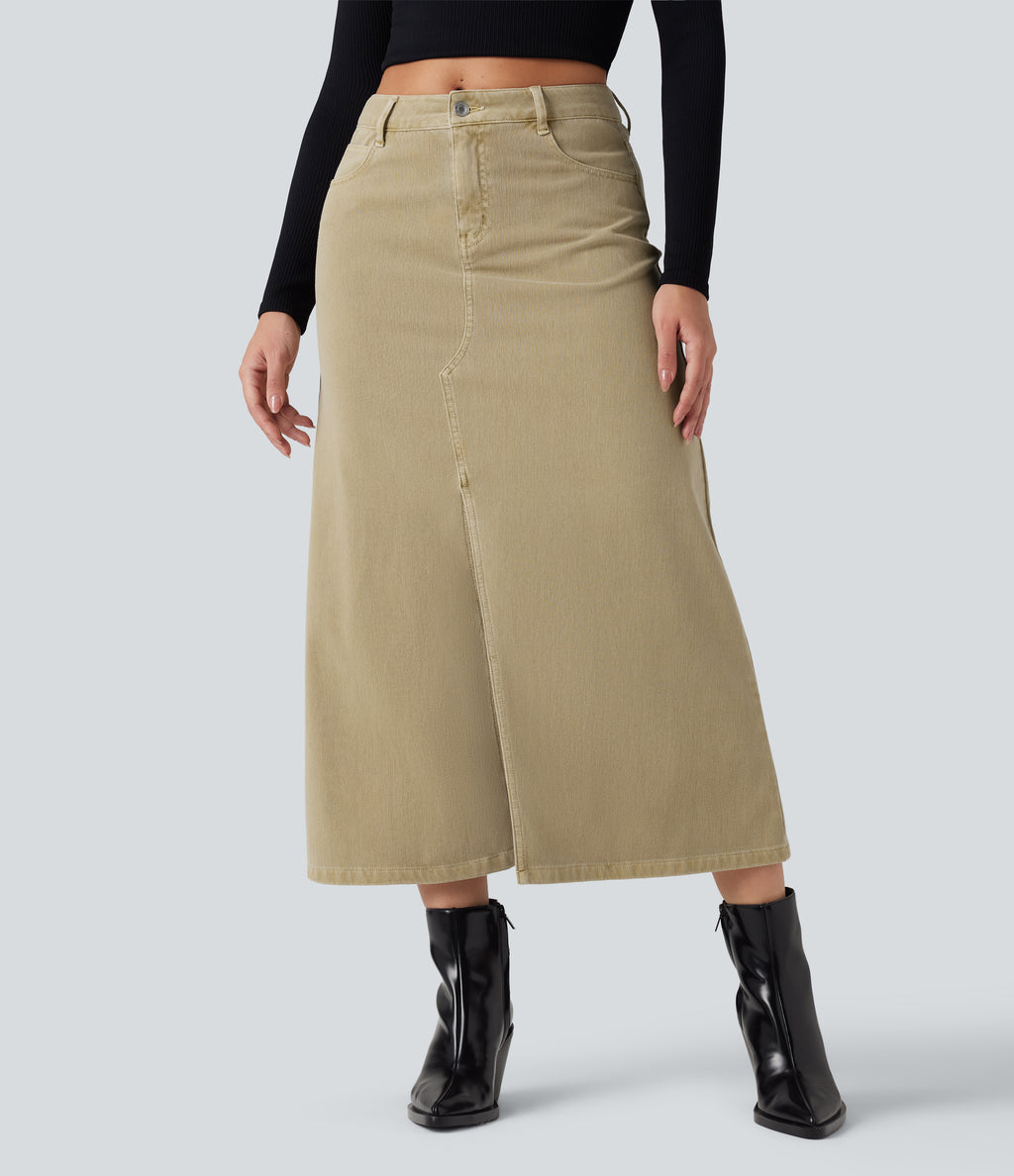 Mid Rise Split Midi Casual Colorful Denim Skirt with Pockets — Khaki Brown Denim — view 1
