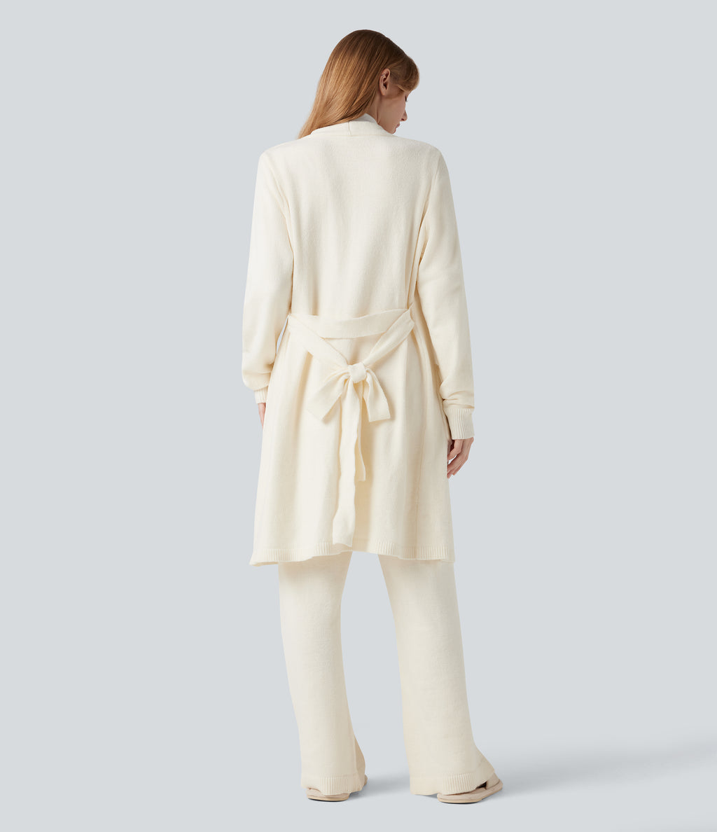 Open Front Long Sleeve Belted Longline Jumper Knit Lounge Robe with Pockets — Gardenia — view 2