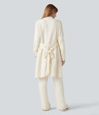 Open Front Long Sleeve Belted Longline Jumper Knit Lounge Robe with Pockets — Gardenia — view 2