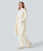 Open Front Long Sleeve Belted Longline Jumper Knit Lounge Robe with Pockets — Gardenia — view 3