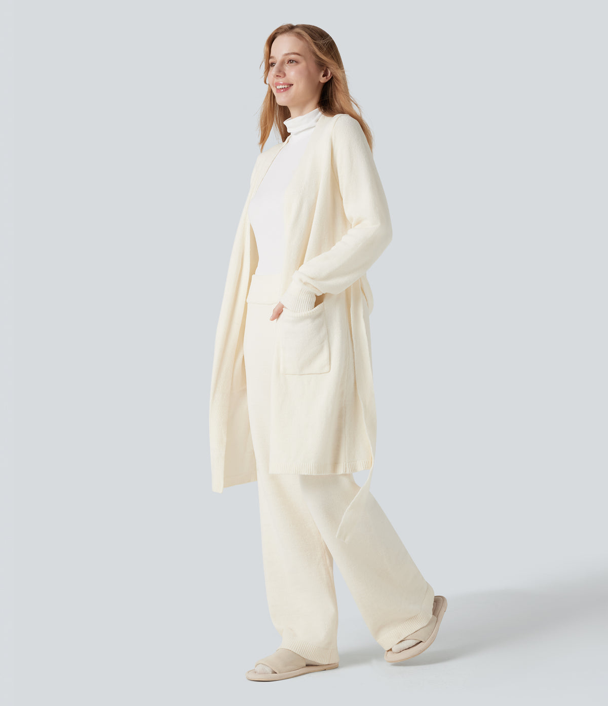 Open Front Long Sleeve Belted Longline Jumper Knit Lounge Robe with Pockets — Gardenia — view 3