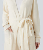 Open Front Long Sleeve Belted Longline Jumper Knit Lounge Robe with Pockets — Gardenia — view 4