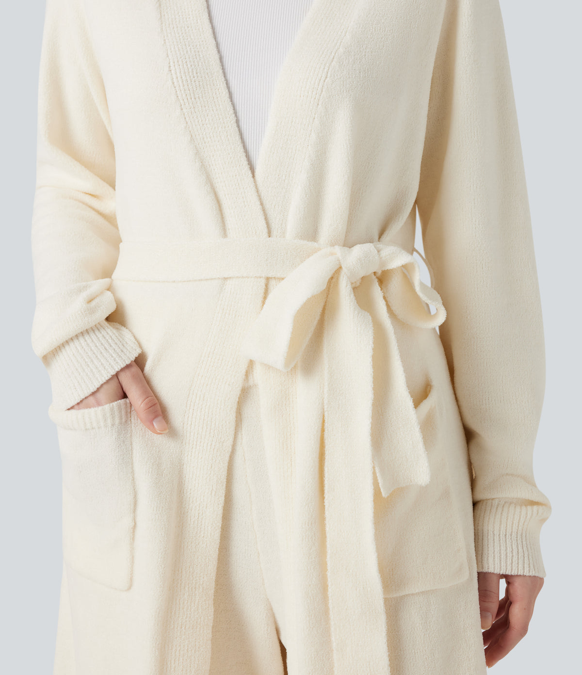 Open Front Long Sleeve Belted Longline Jumper Knit Lounge Robe with Pockets — Gardenia — view 4