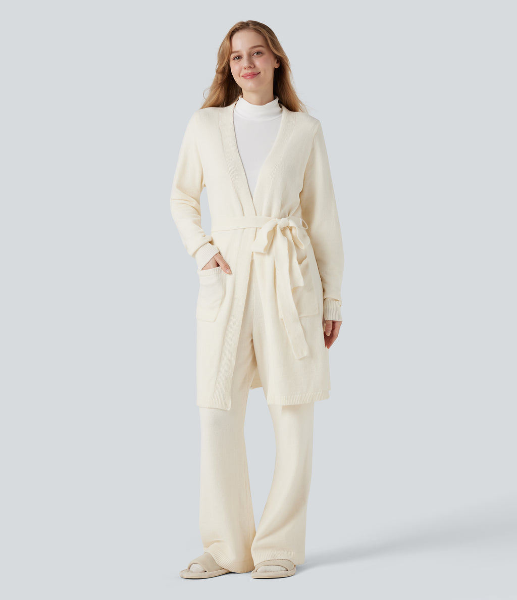 Open Front Long Sleeve Belted Longline Jumper Knit Lounge Robe with Pockets — Gardenia — view 7