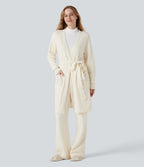 Open Front Long Sleeve Belted Longline Jumper Knit Lounge Robe with Pockets — Gardenia — view 7