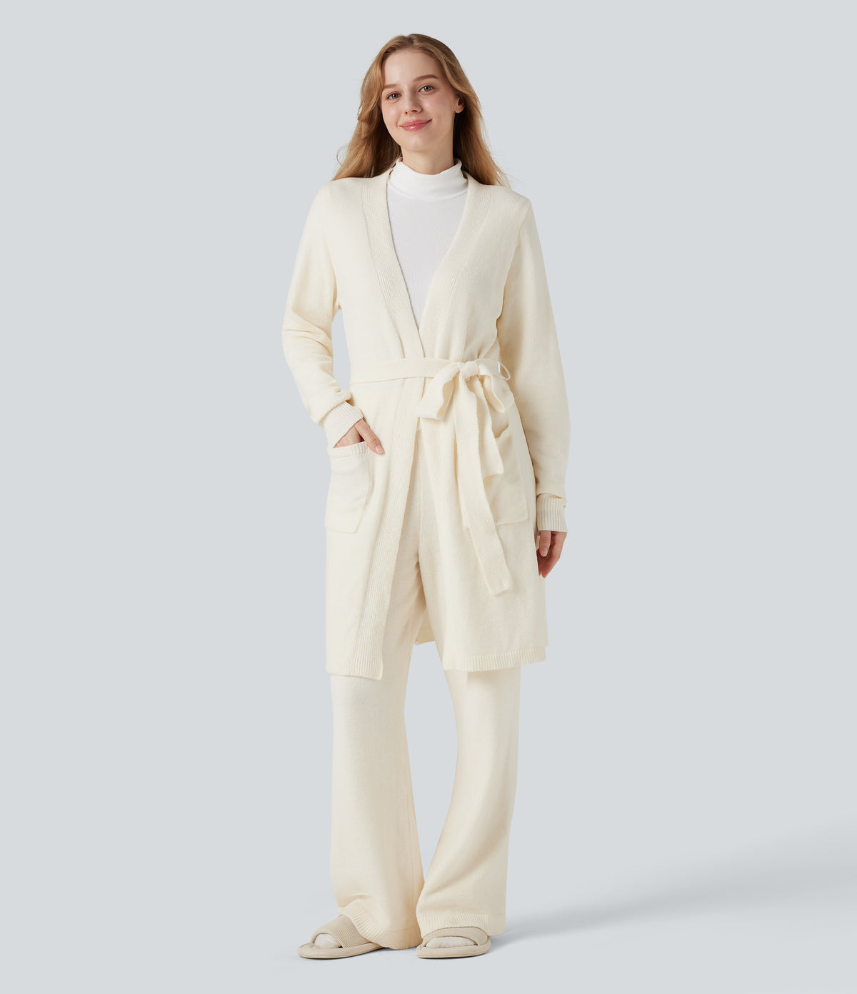 Open Front Long Sleeve Belted Longline Jumper Knit Lounge Robe with Pockets — Gardenia — view 7
