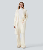 Open Front Long Sleeve Belted Longline Jumper Knit Lounge Robe with Pockets — Gardenia — view 1
