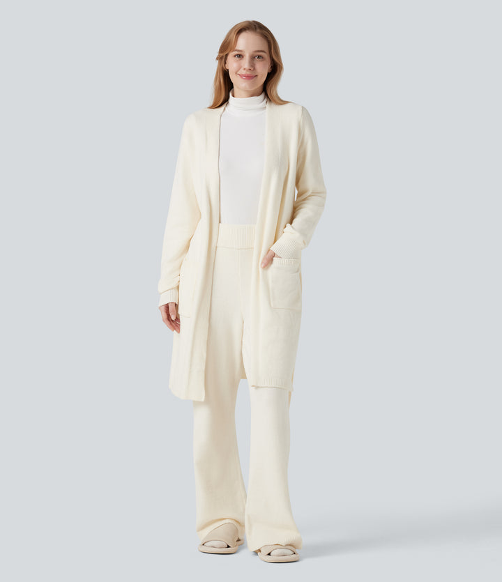 Open Front Long Sleeve Belted Longline Jumper Knit Lounge Robe with Pockets — Gardenia — view 1