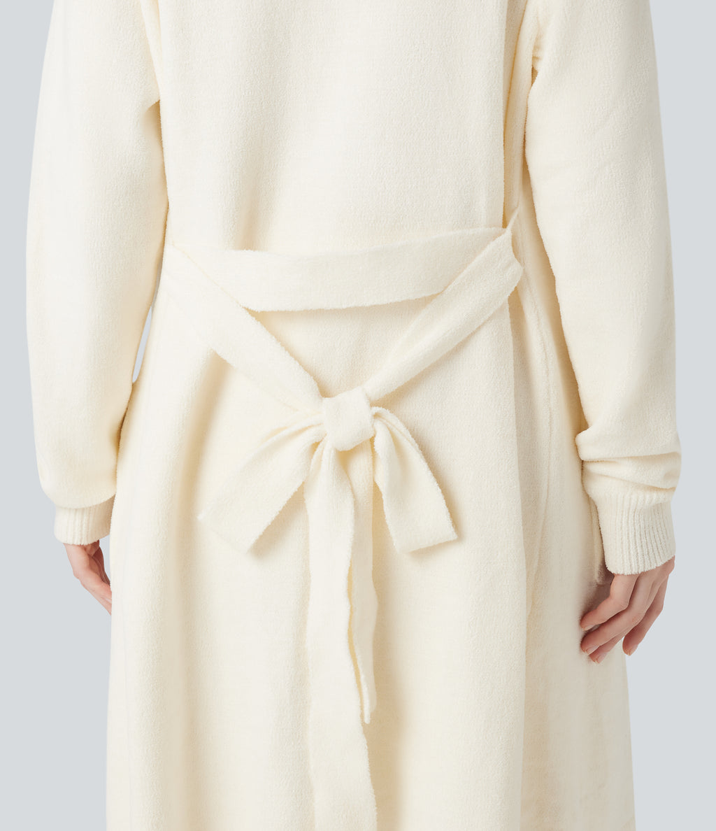 Open Front Long Sleeve Belted Longline Jumper Knit Lounge Robe with Pockets — Gardenia — view 5