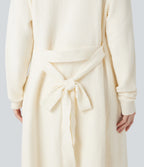 Open Front Long Sleeve Belted Longline Jumper Knit Lounge Robe with Pockets — Gardenia — view 5