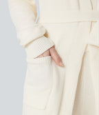 Open Front Long Sleeve Belted Longline Jumper Knit Lounge Robe with Pockets — Gardenia — view 6
