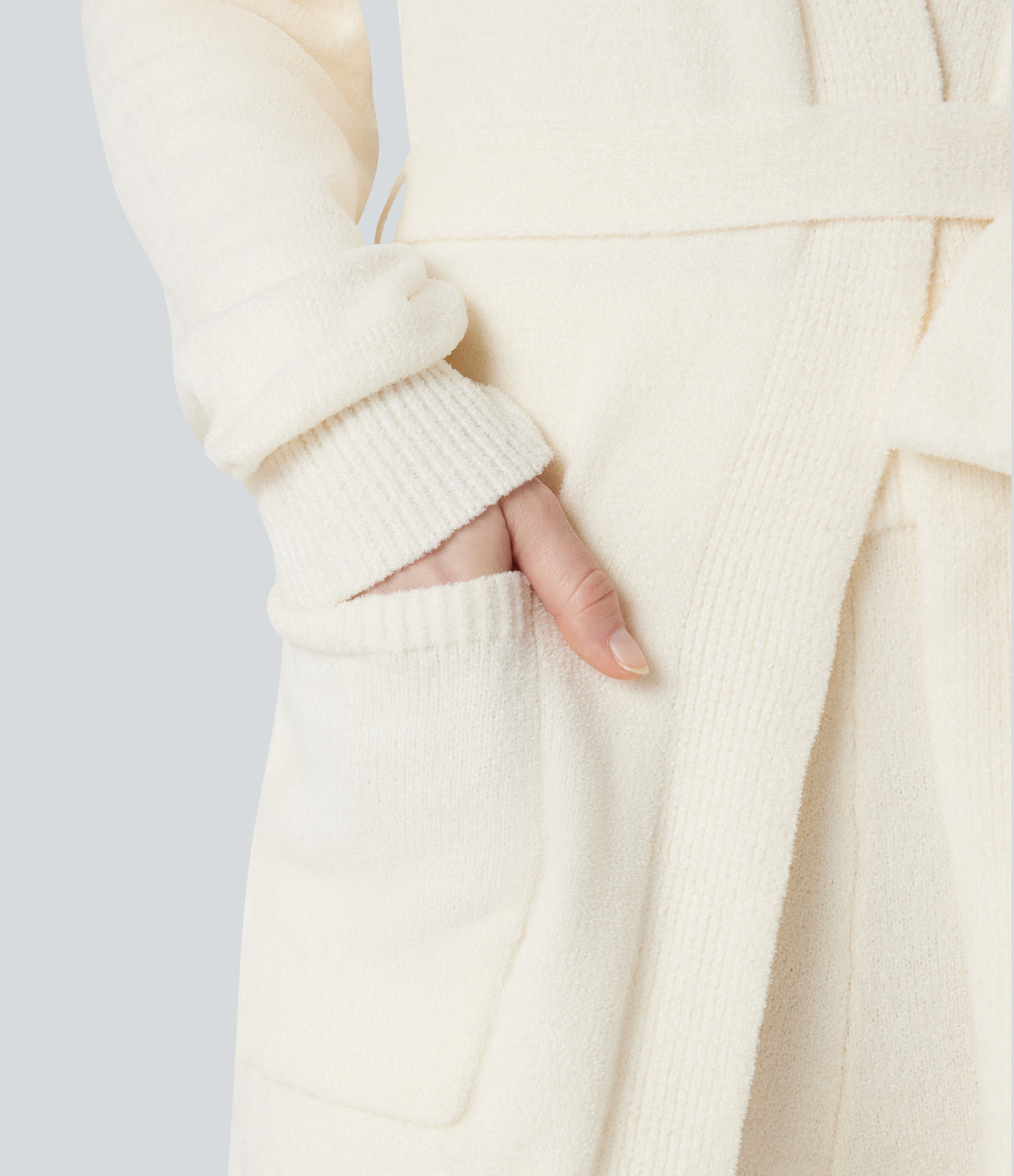 Open Front Long Sleeve Belted Longline Jumper Knit Lounge Robe with Pockets — Gardenia — view 6