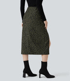 High Waisted Split Hem Midi Leopard Print Corduroy Casual Pencil Skirt — Olive Leopard — view 2