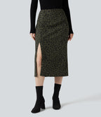 High Waisted Split Hem Midi Leopard Print Corduroy Casual Pencil Skirt — Olive Leopard — view 1