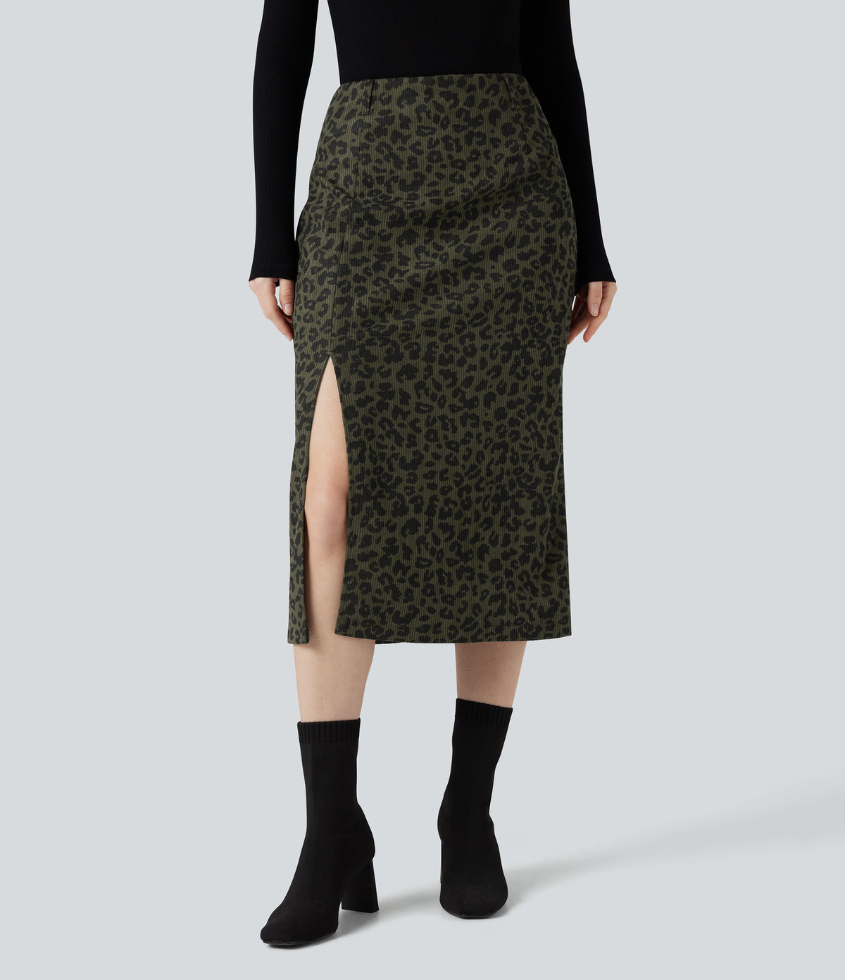 High Waisted Split Hem Midi Leopard Print Corduroy Casual Pencil Skirt — Olive Leopard — view 1