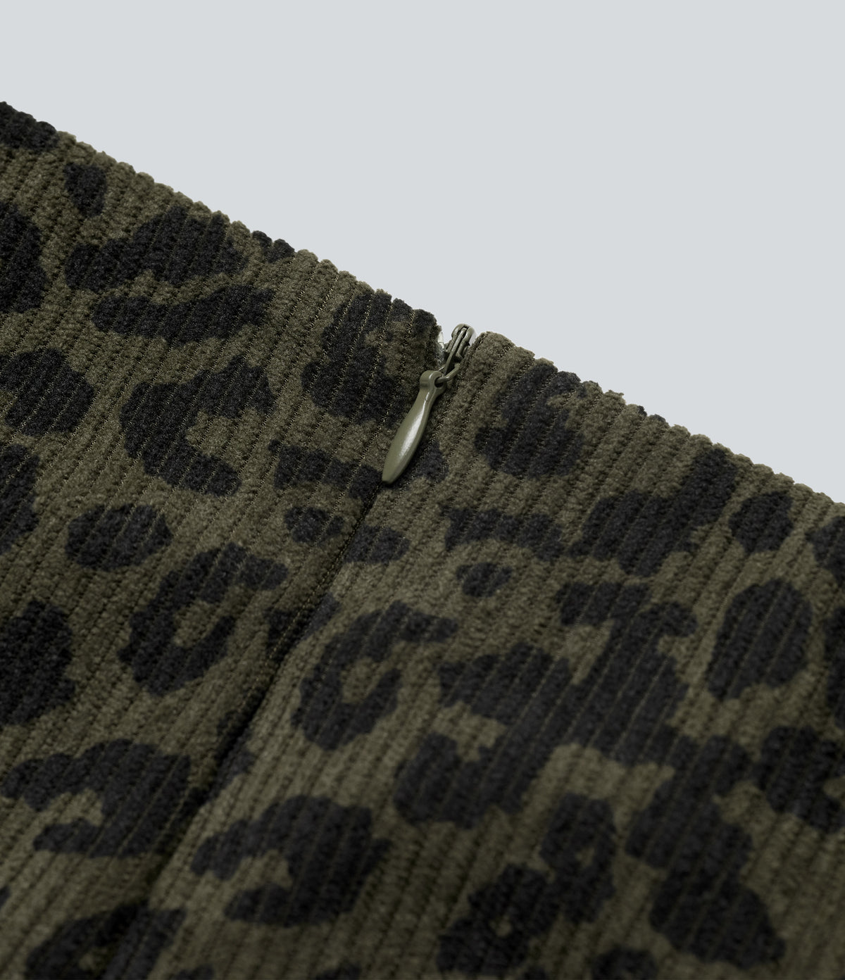 High Waisted Split Hem Midi Leopard Print Corduroy Casual Pencil Skirt — Olive Leopard — view 7