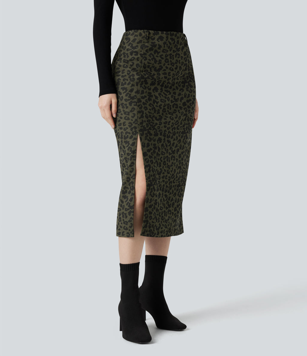 High Waisted Split Hem Midi Leopard Print Corduroy Casual Pencil Skirt — Olive Leopard — view 3