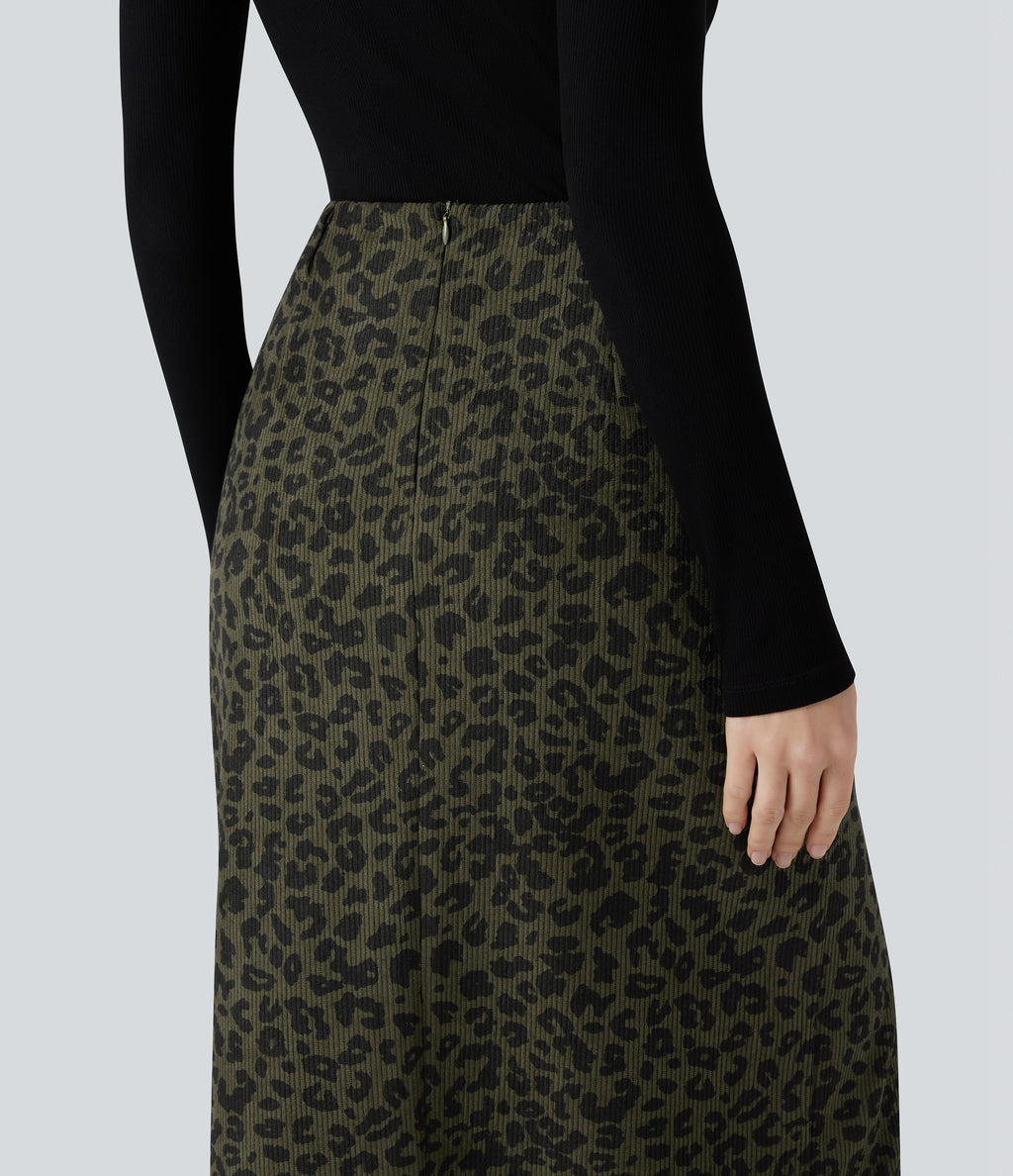 High Waisted Split Hem Midi Leopard Print Corduroy Casual Pencil Skirt — Olive Leopard — view 5