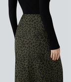 High Waisted Split Hem Midi Leopard Print Corduroy Casual Pencil Skirt — Olive Leopard — view 5