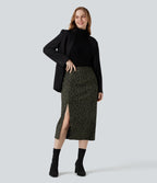 High Waisted Split Hem Midi Leopard Print Corduroy Casual Pencil Skirt — Olive Leopard — view 6