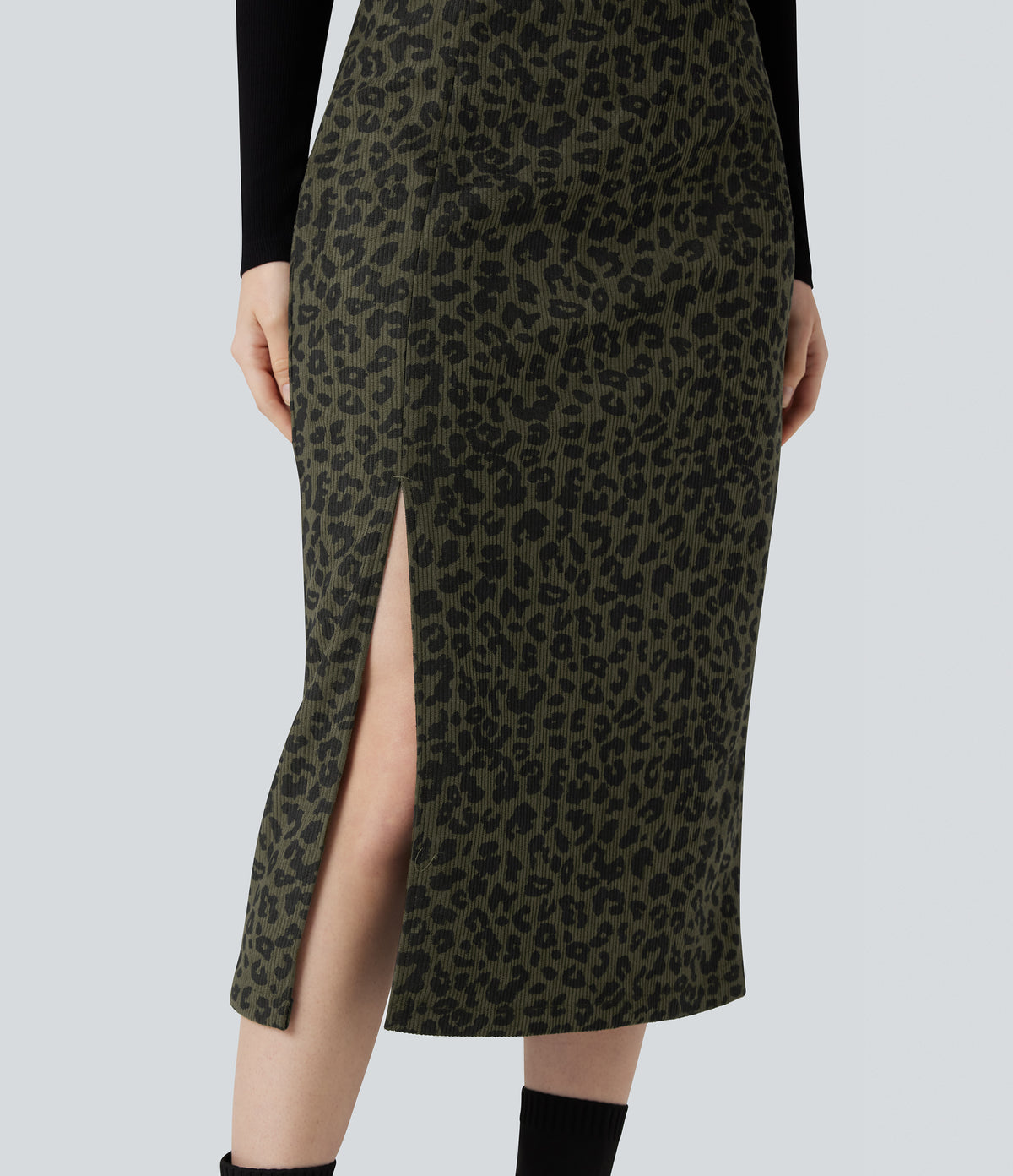 High Waisted Split Hem Midi Leopard Print Corduroy Casual Pencil Skirt — Olive Leopard — view 4