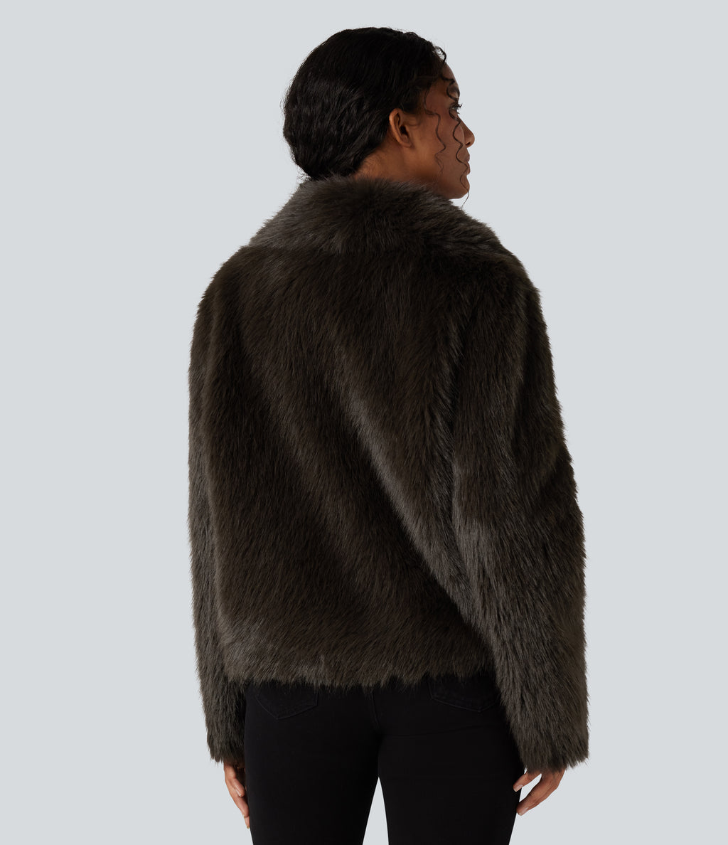 Lapel Long Sleeve Casual Faux Fur Coat with Pockets — Charcoal Brown — view 2