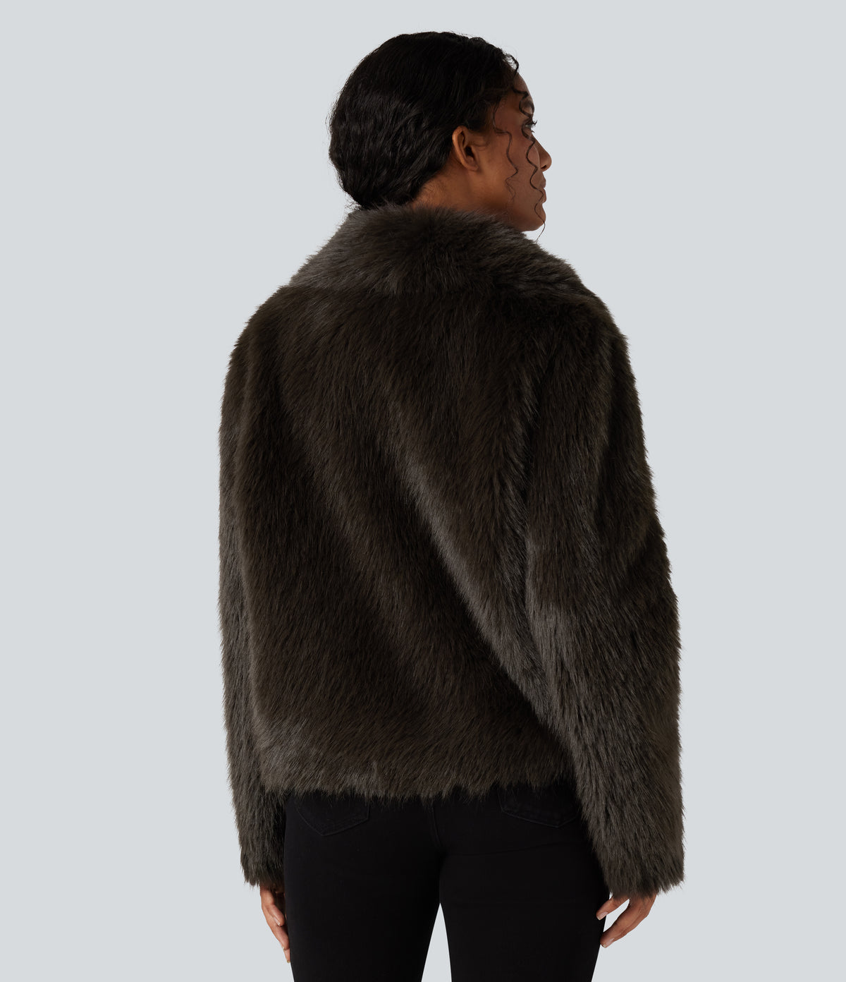Lapel Long Sleeve Casual Faux Fur Coat with Pockets — Charcoal Brown — view 2