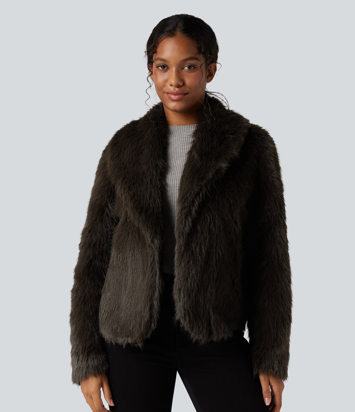 Lapel Long Sleeve Casual Faux Fur Coat with Pockets — Charcoal Brown — view 1