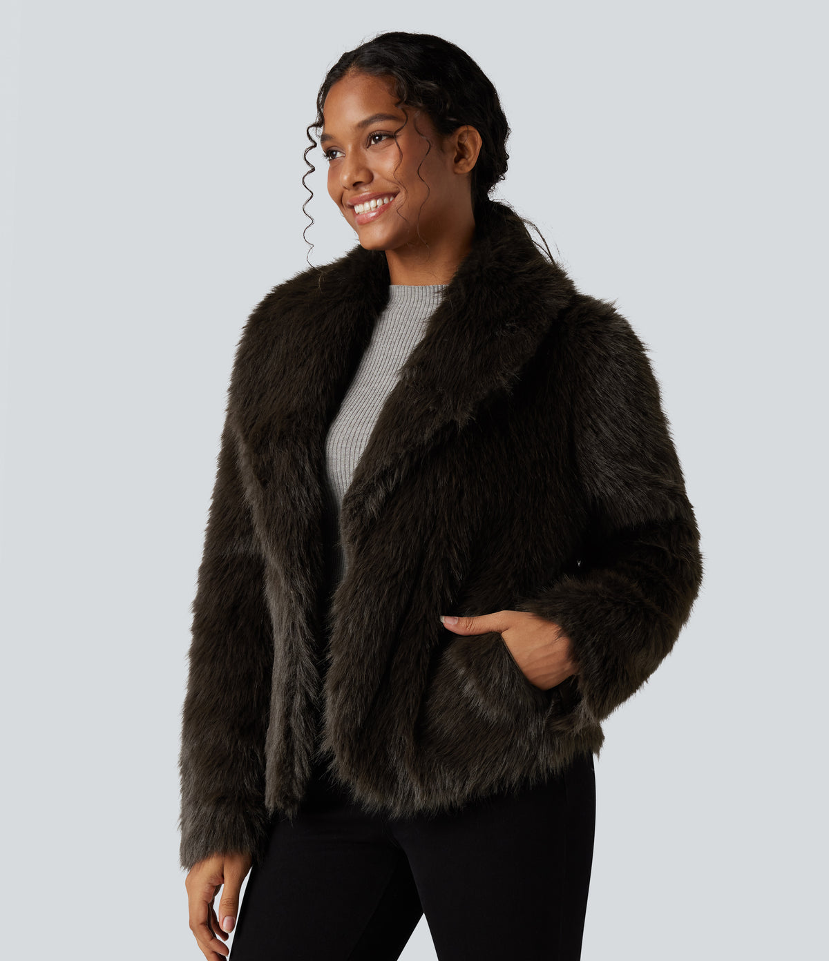 Lapel Long Sleeve Casual Faux Fur Coat with Pockets — Charcoal Brown — view 3