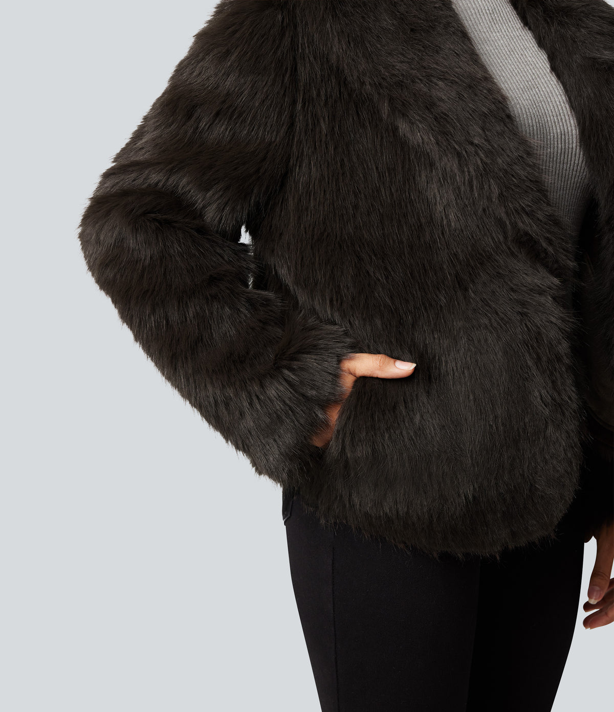 Lapel Long Sleeve Casual Faux Fur Coat with Pockets — Charcoal Brown — view 4
