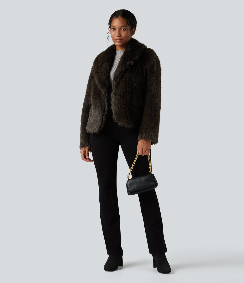 Lapel Long Sleeve Casual Faux Fur Coat with Pockets — Charcoal Brown — view 5