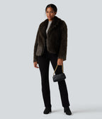 Lapel Long Sleeve Casual Faux Fur Coat with Pockets — Charcoal Brown — view 5