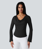 Ribbed Cowl Neck Long Sleeve Dance Sports Top — Black — view 6